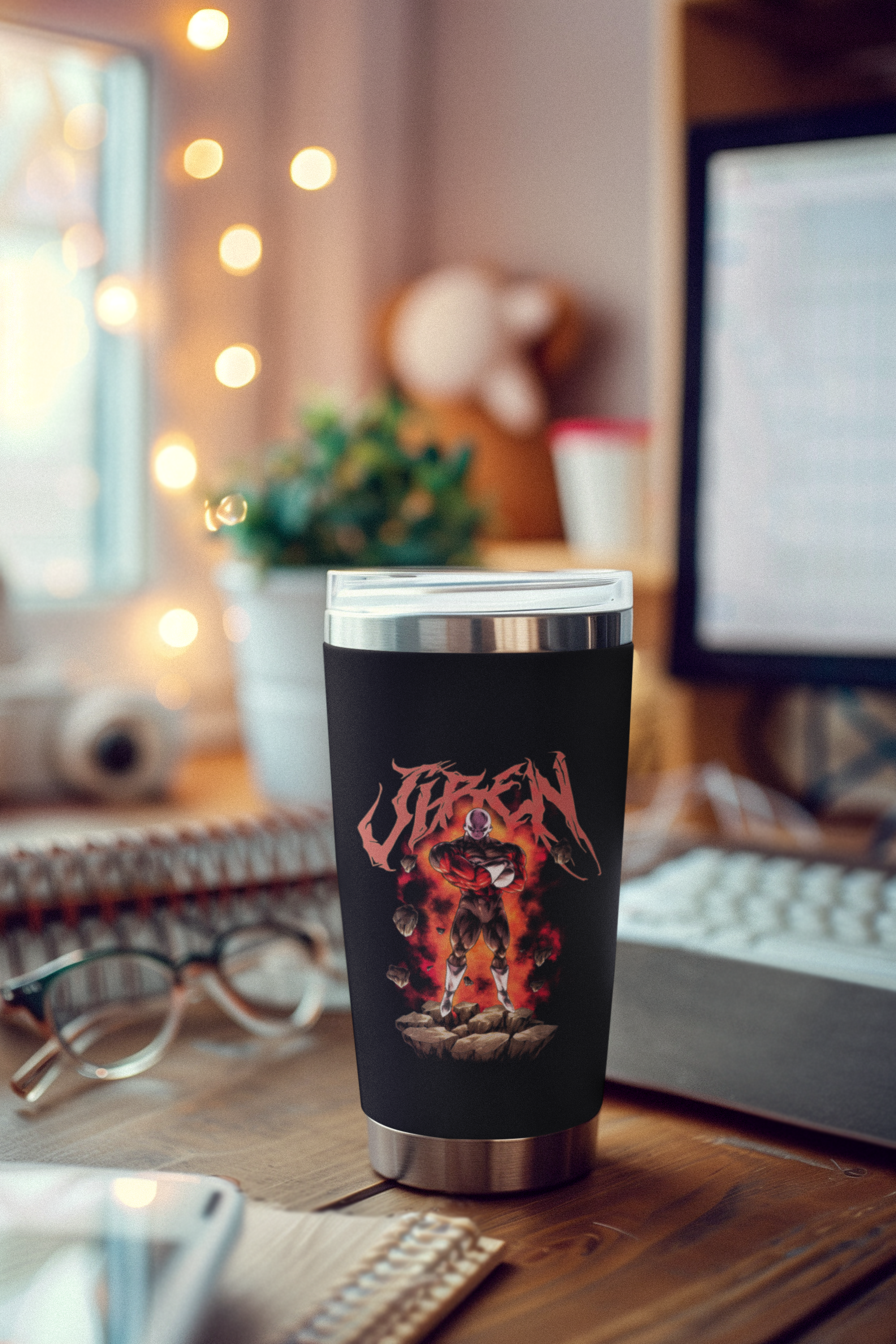 a coffee cup sitting on top of a wooden desk