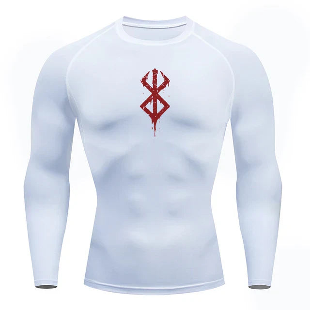 a white shirt with a red design on the chest