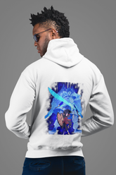 a man wearing a white hoodie with a dragon on it