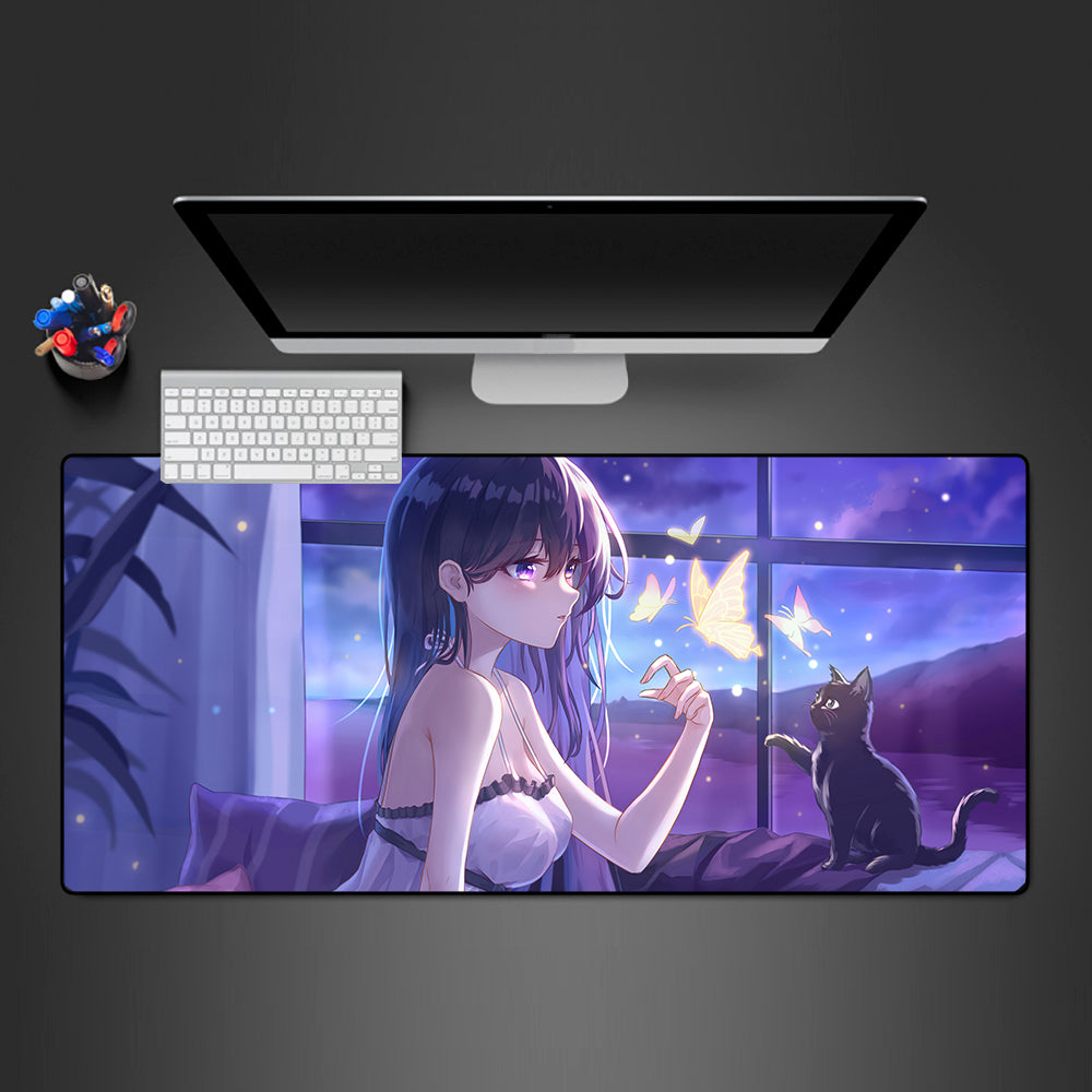 Anime Girl, Butterflies, Cat Size Gaming Mouse Pad - Nysekai