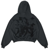 a black hoodie with a picture of a woman on it