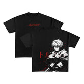 a black shirt with a picture of a man holding a gun