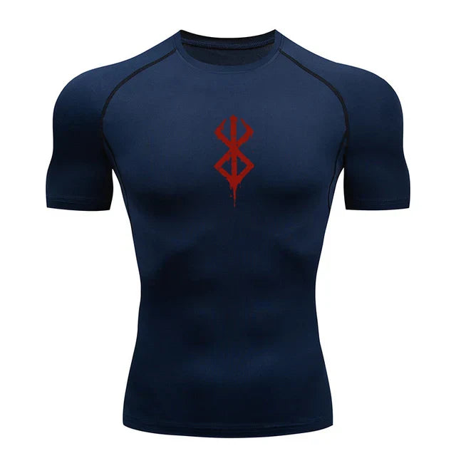 a blue shirt with a red design on the chest