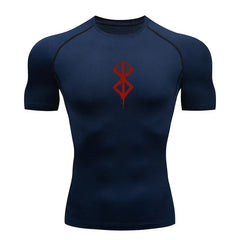 a blue shirt with a red design on the chest