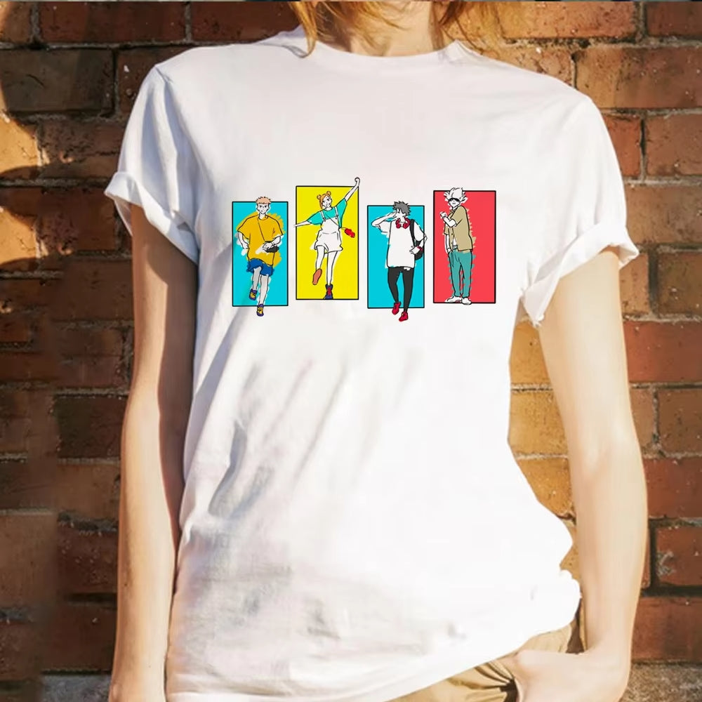 a woman wearing a white t - shirt with cartoon characters on it