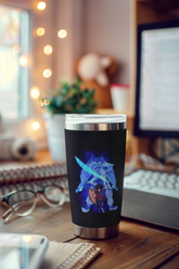 a cup sitting on top of a wooden desk