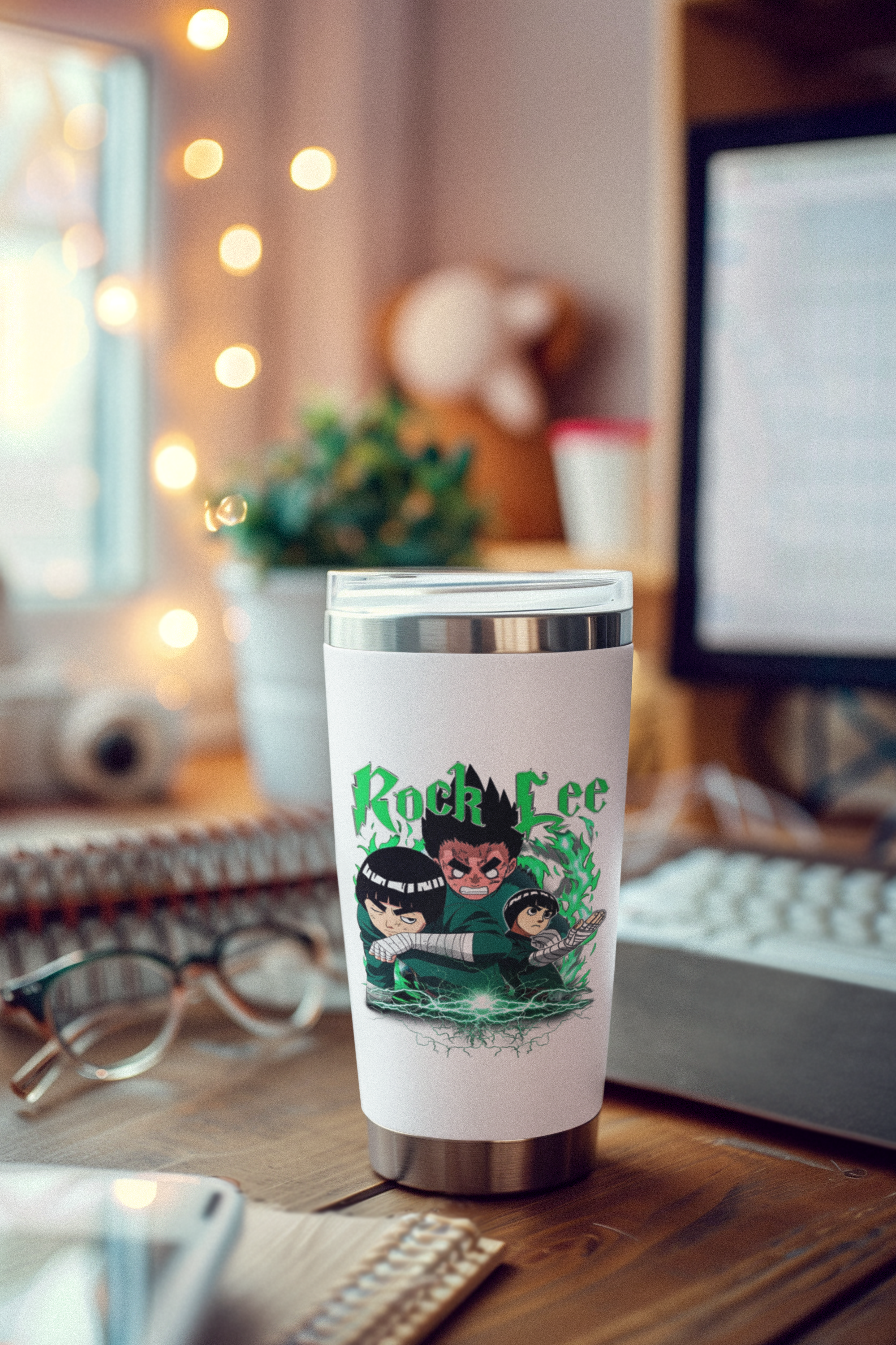 a cup sitting on top of a wooden desk