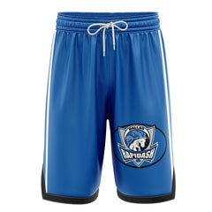 a blue shorts with a white and black logo