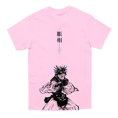 a pink shirt with a picture of a man holding a sword