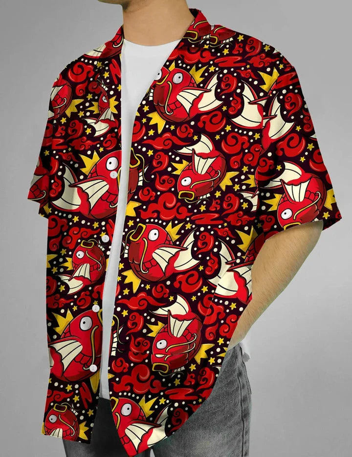 Nysekai "Pokemon Magikarp With Red Waves" Button Up Hawaiian Shirt