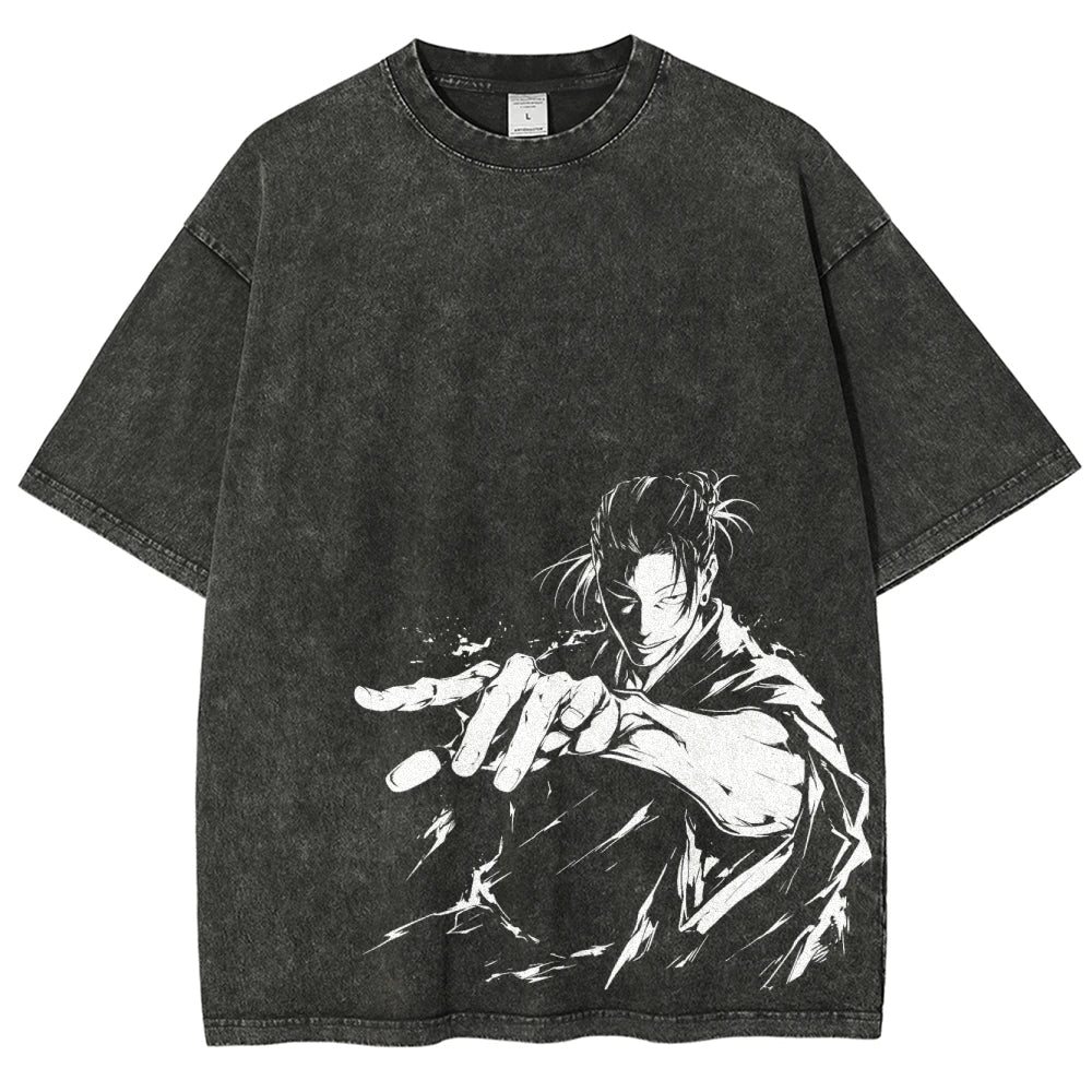 a black t - shirt with a drawing of a man pointing a gun