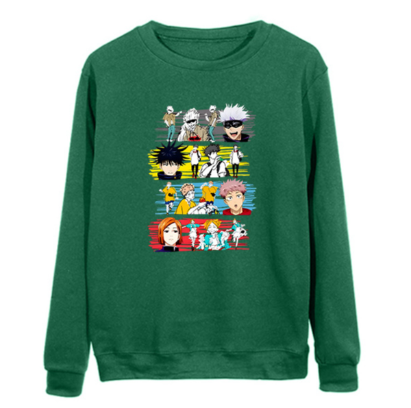 a green sweatshirt with a bunch of characters on it