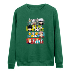 a green sweatshirt with a bunch of characters on it