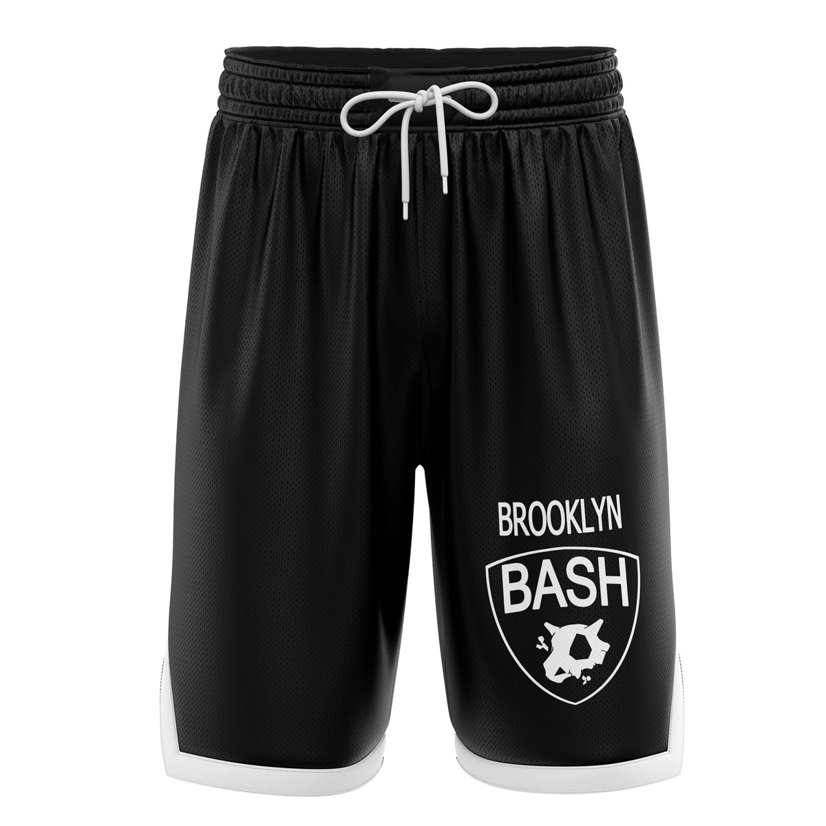 a black and white shorts with the brooklyn bash logo on it