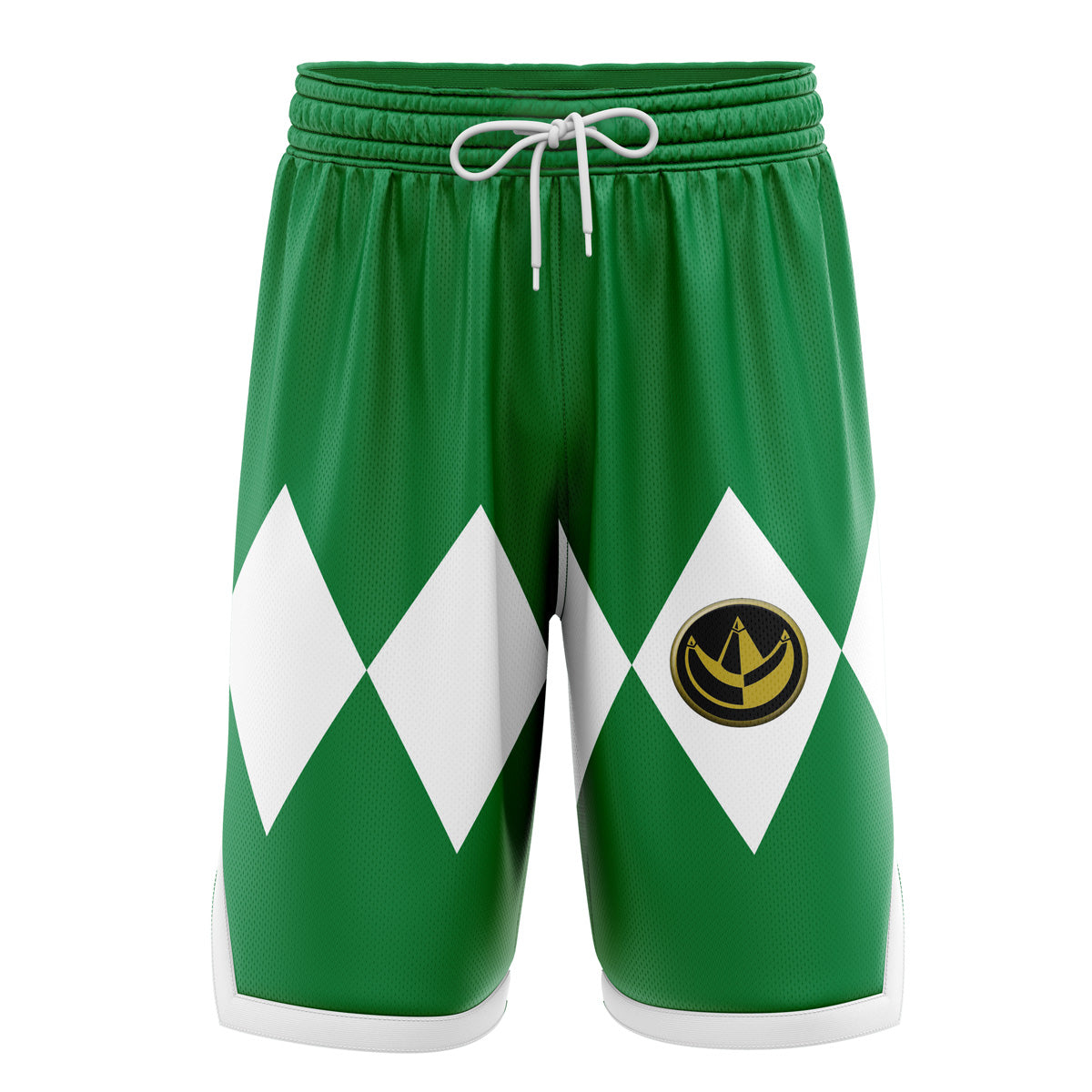 a green and white soccer shorts with a gold emblem