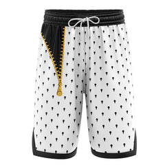 a white shorts with black and yellow zippers