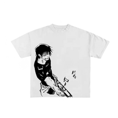 a white t - shirt with a black and white drawing of a girl on a