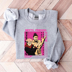 a grey sweatshirt with a picture of two anime characters on it