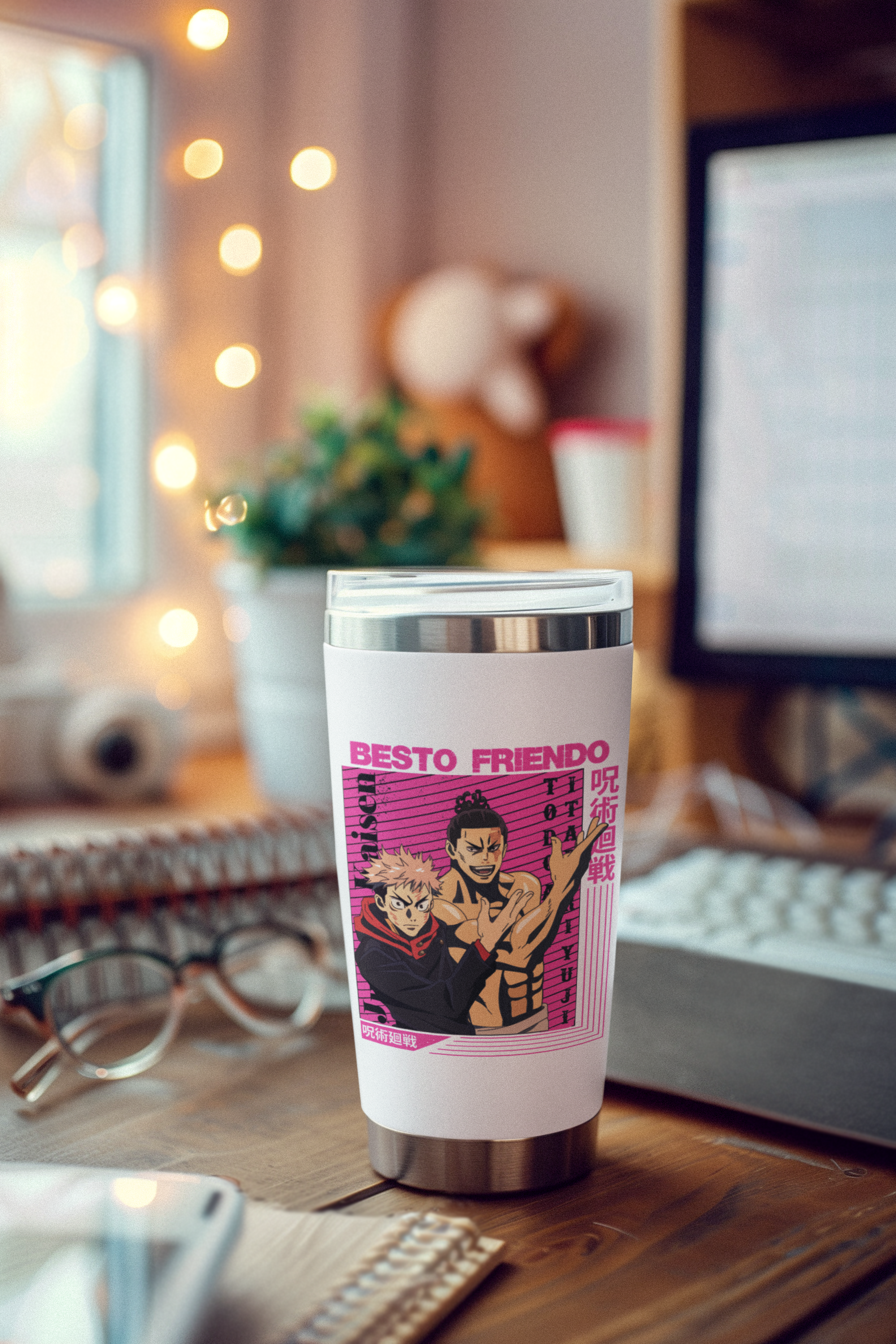 a coffee cup sitting on top of a wooden desk