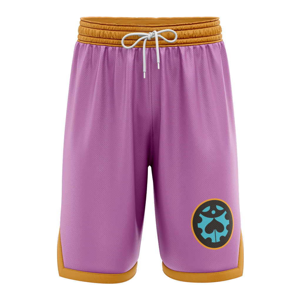 a purple shorts with a blue and yellow emblem