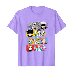 a purple shirt with a bunch of characters on it