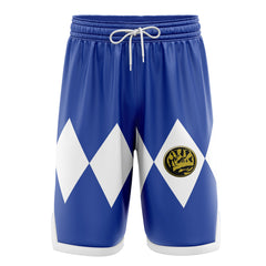 a close up of a blue and white soccer shorts