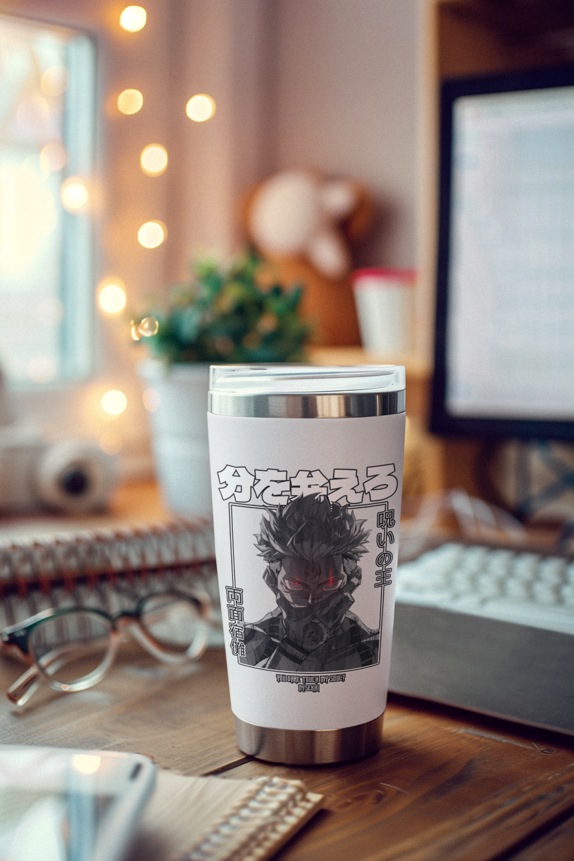 a coffee cup sitting on top of a wooden desk