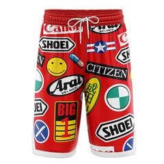 a red shorts with a lot of stickers on it