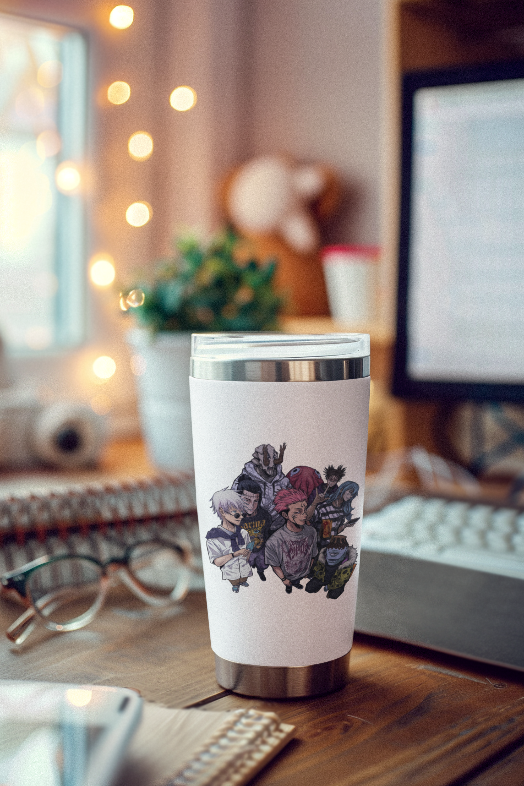 a coffee cup sitting on top of a wooden desk