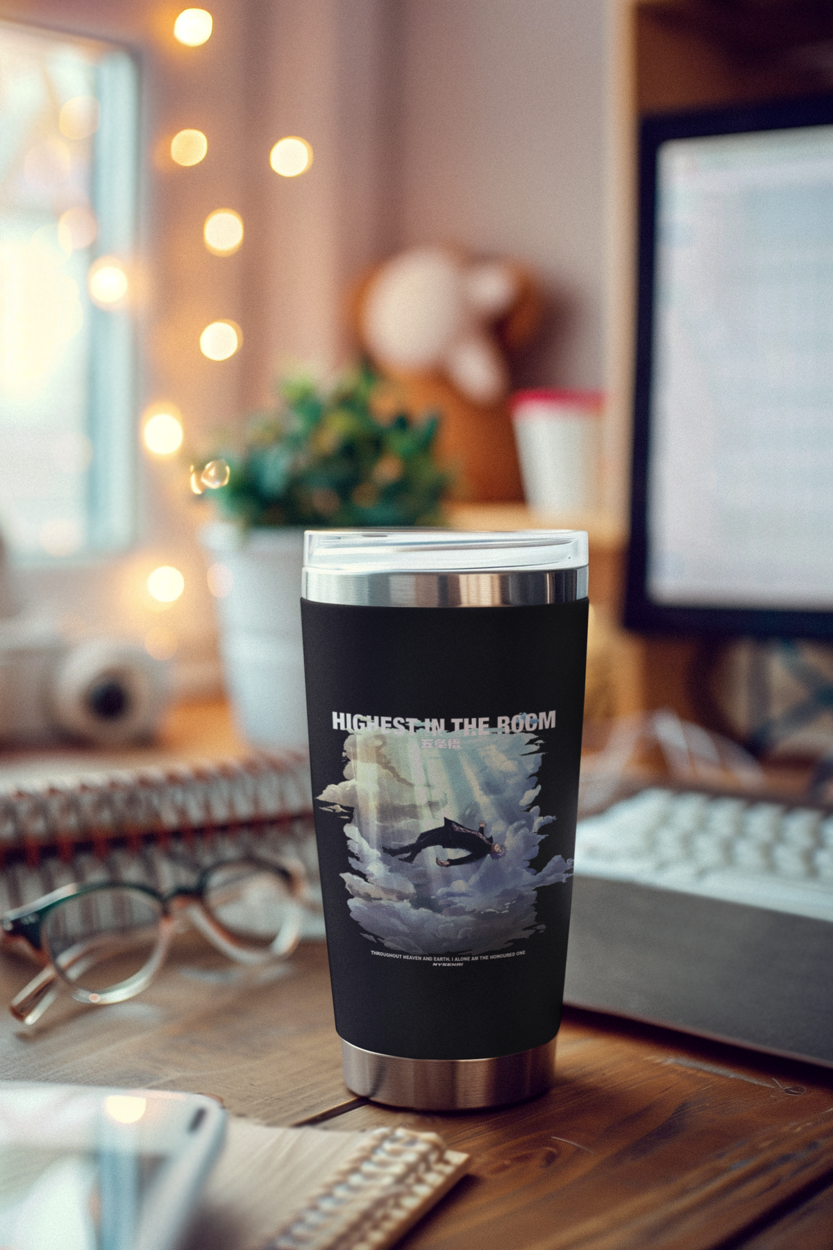 a coffee cup sitting on top of a wooden desk