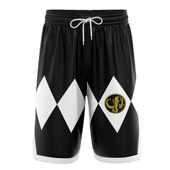 a black and white shorts with a yellow emblem