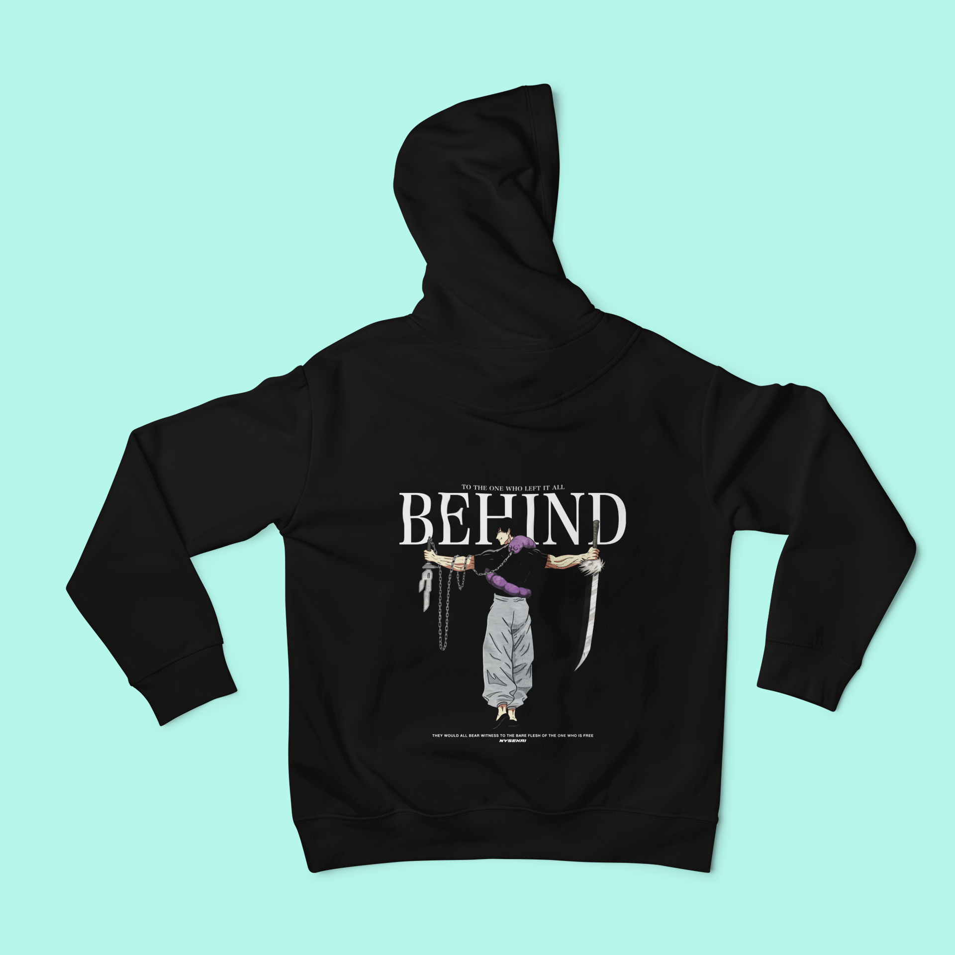 a black hoodie with the words behind it