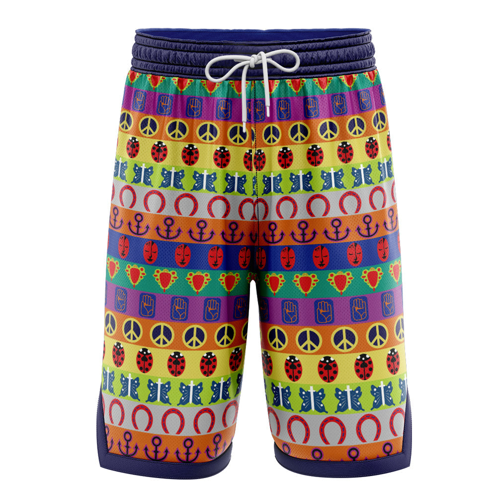 a pair of colorful shorts with peace signs on them