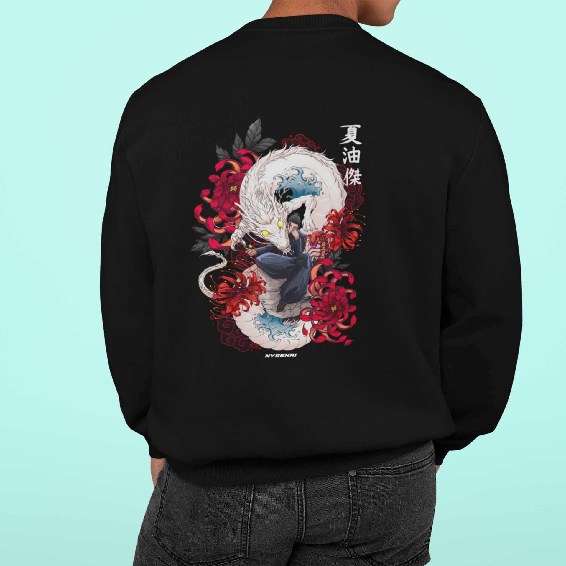 a man wearing a black jacket with a dragon on it