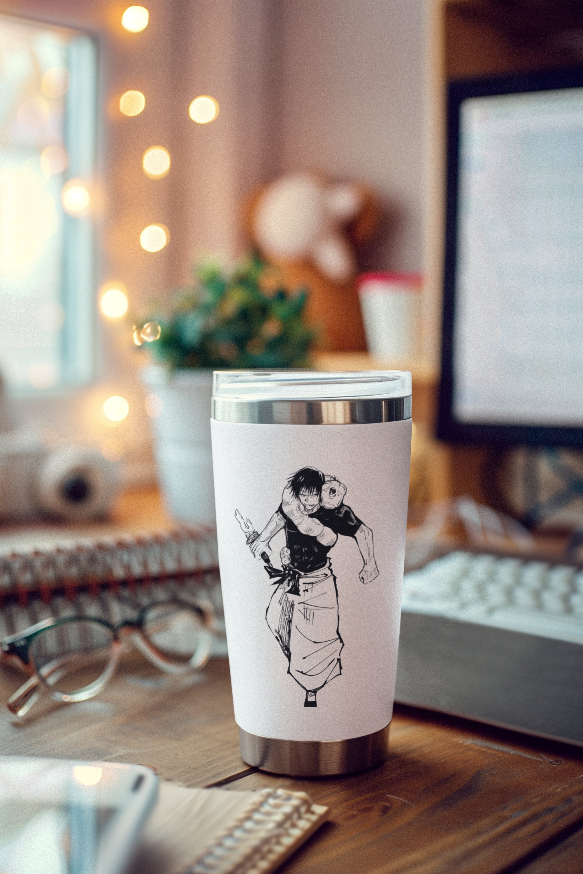 a cup with a drawing of a man on it