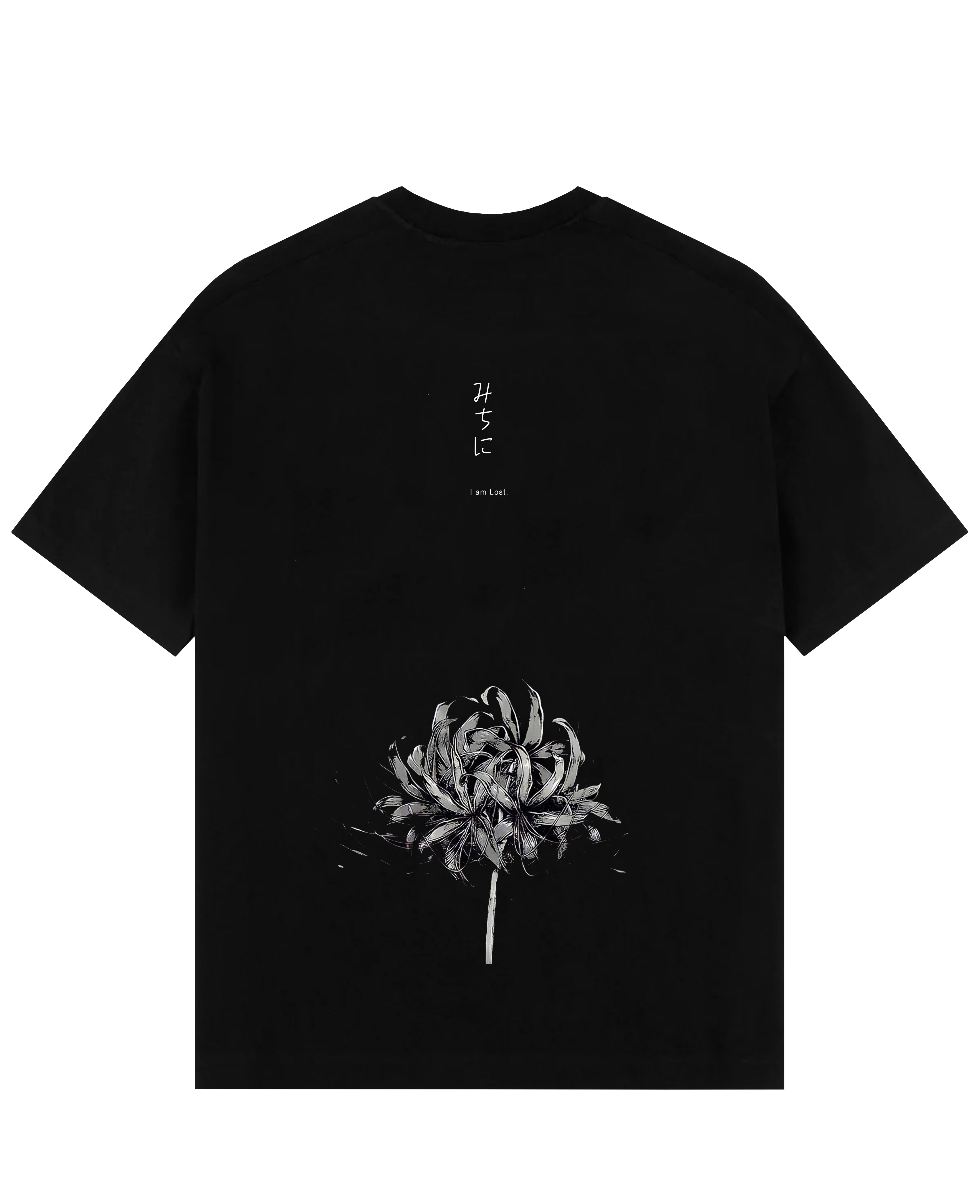 a black t - shirt with a flower on it