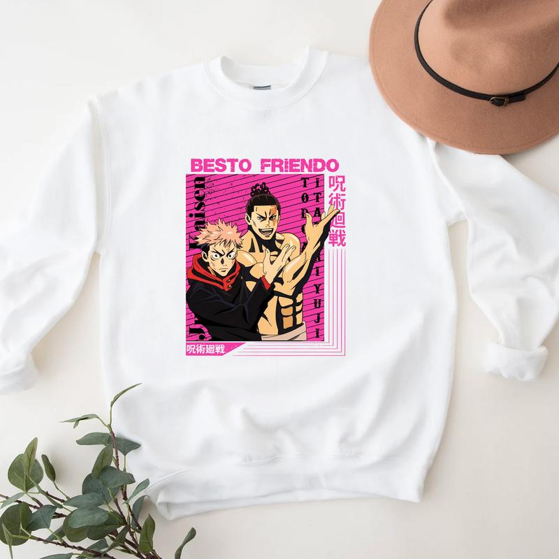 a white sweatshirt with a picture of two people on it