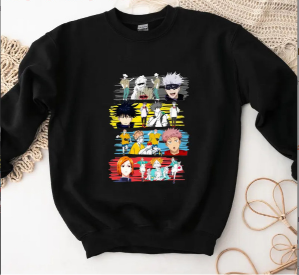 a black sweatshirt with anime characters on it