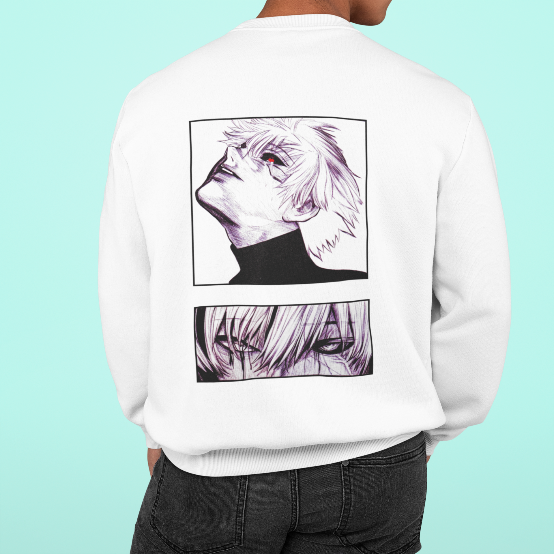 a man wearing a white sweatshirt with a drawing of a dog on it