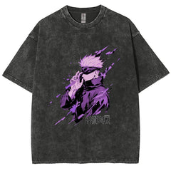 a black t - shirt with a picture of a man with purple hair