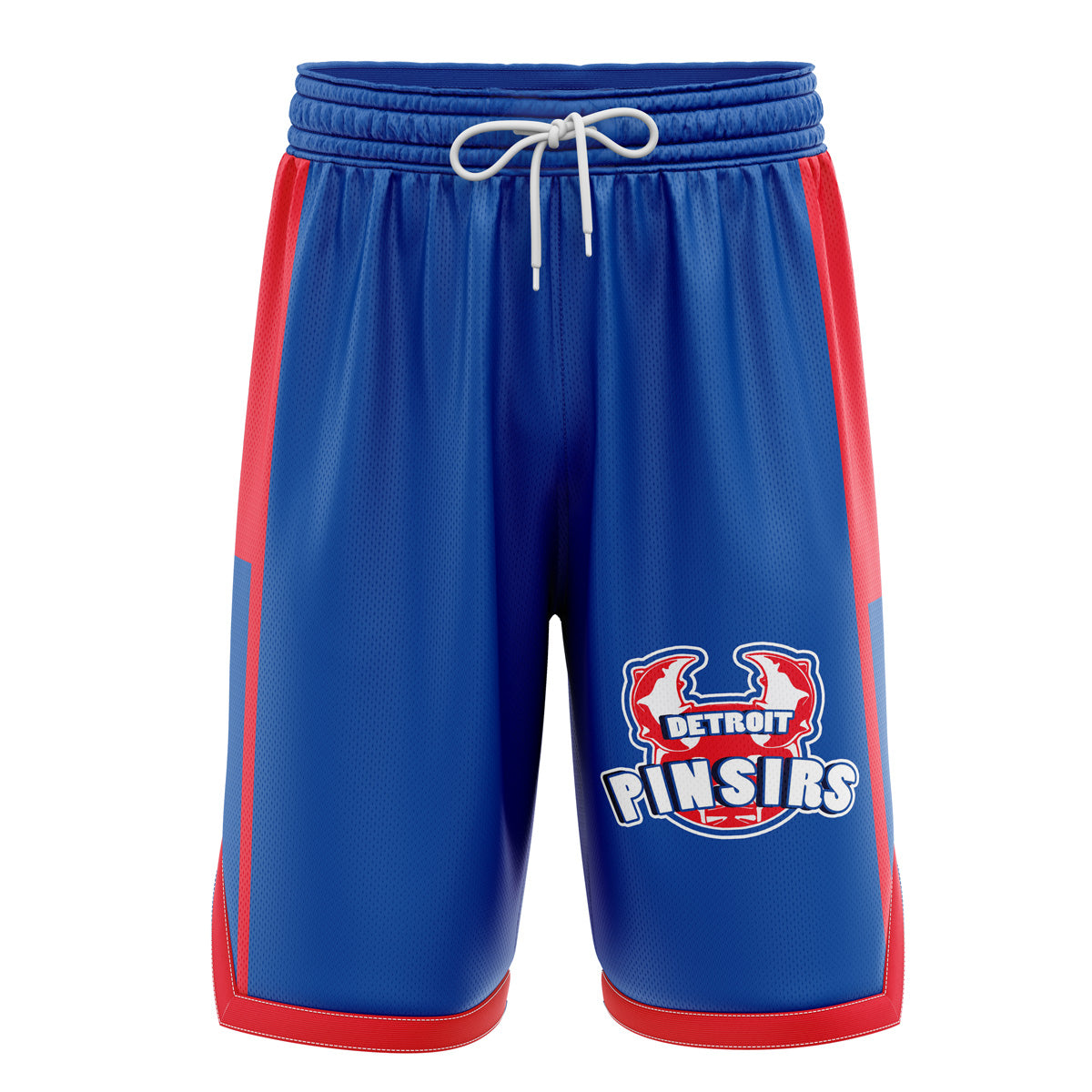 a blue shorts with red trims and a logo on the side