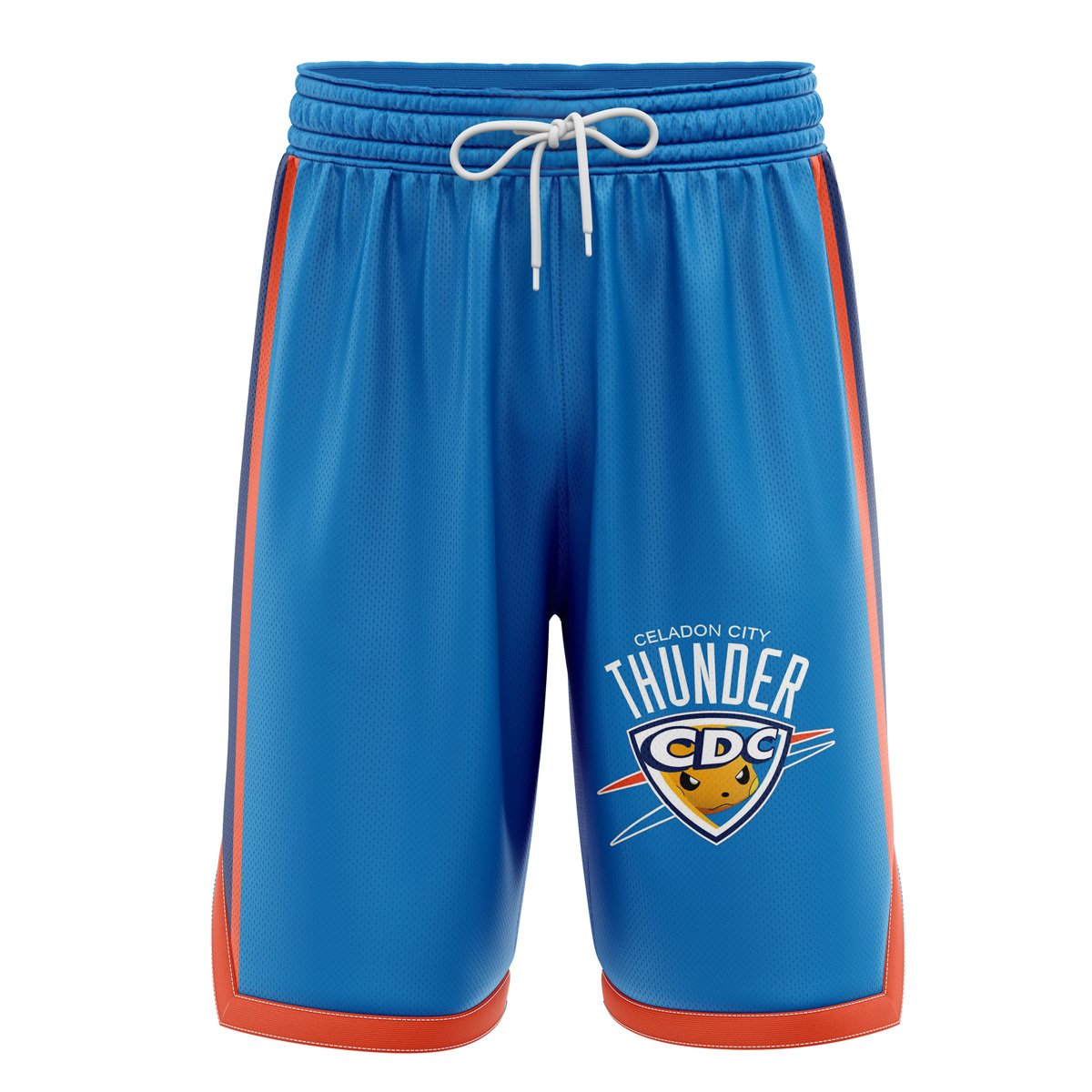 a blue shorts with the thunder logo on it