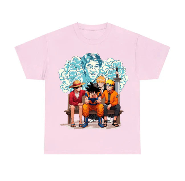 a pink t - shirt with a picture of three people sitting on a bench