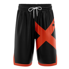 a close up of a black and orange shorts