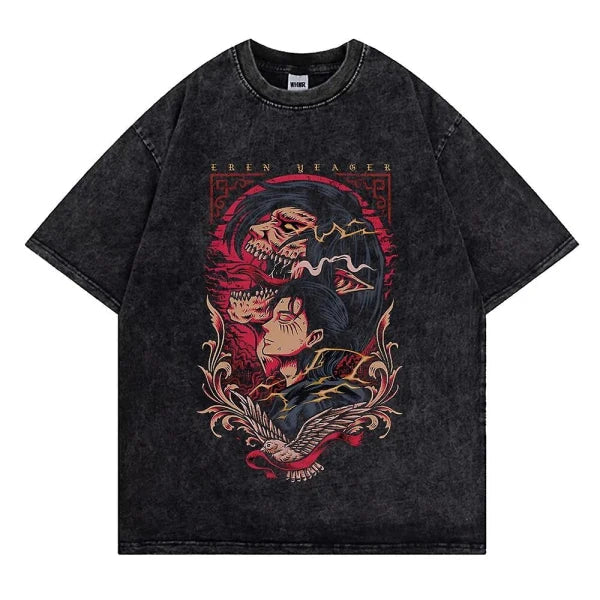 Nysekai "Eren Yeager Attack Titans Power" Attack on Titan Vintage Washed Oversized T-Shirt V2
