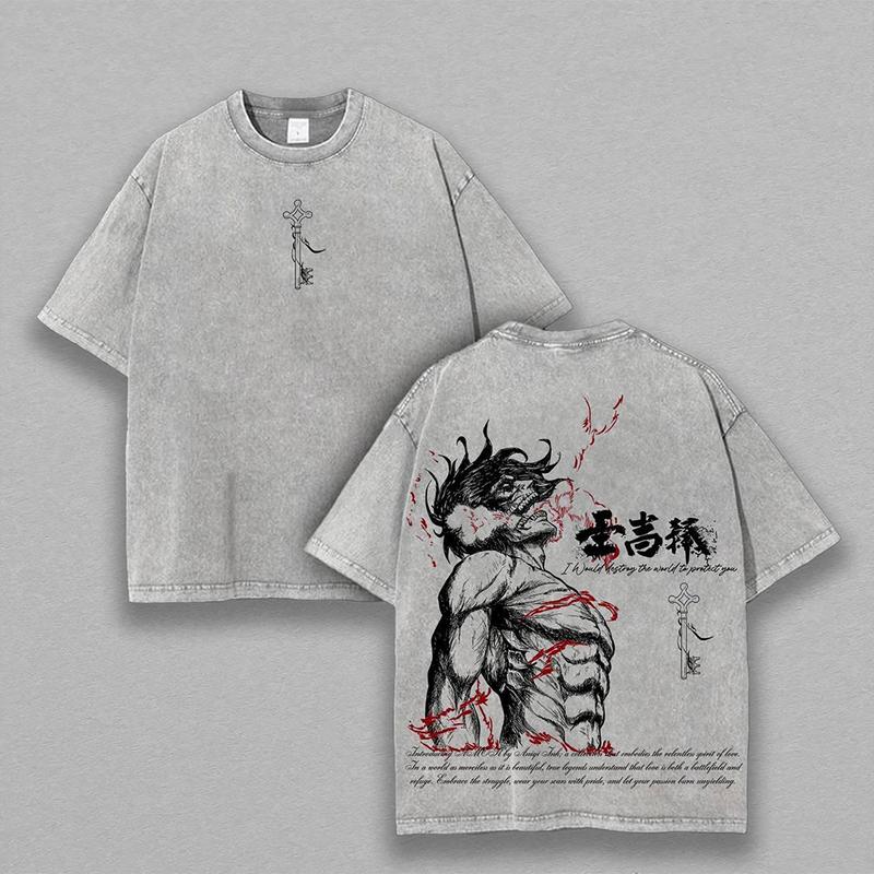 Nysekai "Eren Yeager Attack Titans Power" Attack on Titan Vintage Washed Oversized T-Shirt
