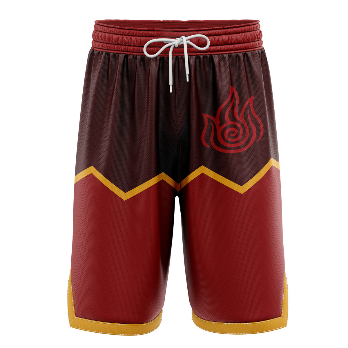 a red and yellow shorts with a red flame on the side