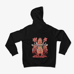 a black hoodie with a cartoon character on it