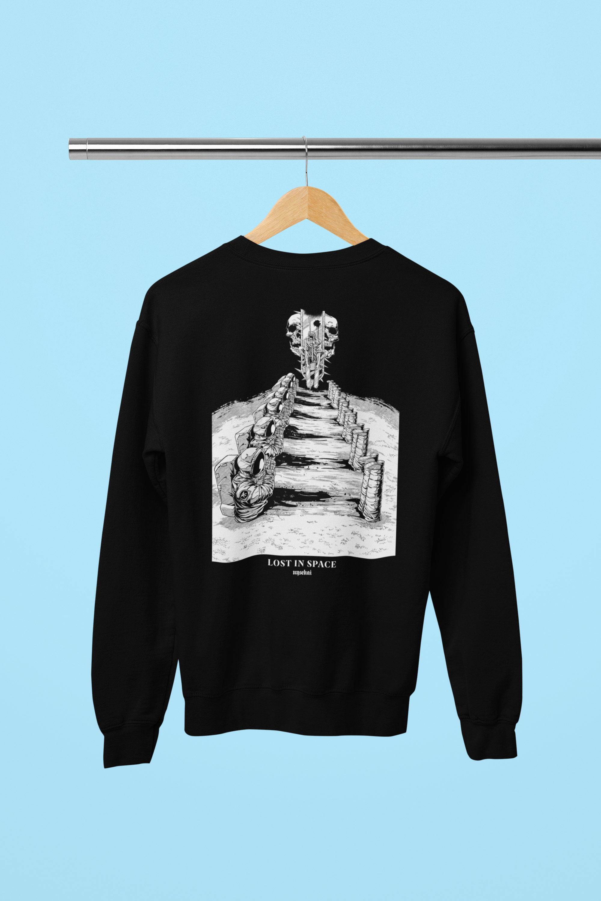 a black sweatshirt with a drawing of a skeleton on it