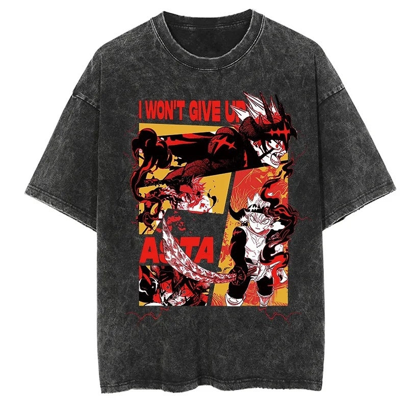 Nysekai "Never Give Up" Black Clover Vintage Washed Oversized T-Shirt